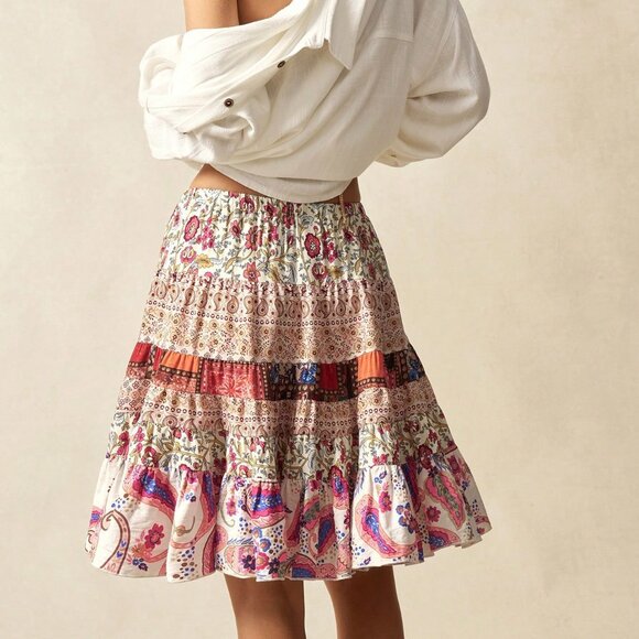 Multicolor Boho Women's Woven Floral Ruffled Skirt With Waist Tie - Picture 3 of 7